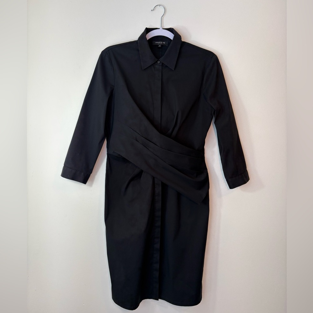Lafayette 148 Black Cotton Dress Pleated Waist 6